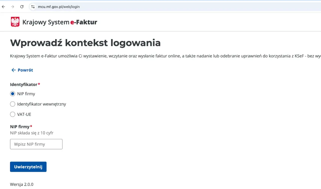 Ekran logowania do Krajowego Systemu e-Faktur. Użytkownik wybiera identyfikator firmy, np. NIP, do samofakturowania.