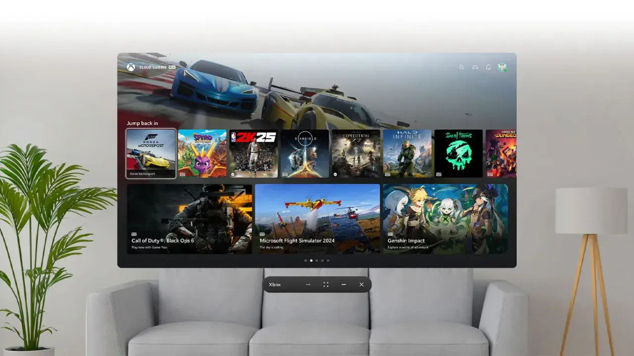 Ekran konsoli Xbox z grami: Forza Motorsport, Spyro, 2K25, Starfield, Halo Infinite, Call of Duty, Microsoft Flight Simulator, Genshin Impact.