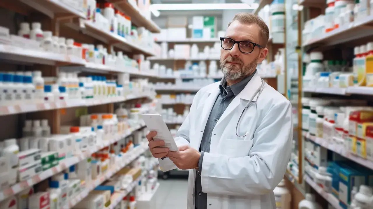 Farmaceuta w okularach przegląda dokumentację, szukając rozwiązań dla problemów z atopowym zapaleniem skóry.