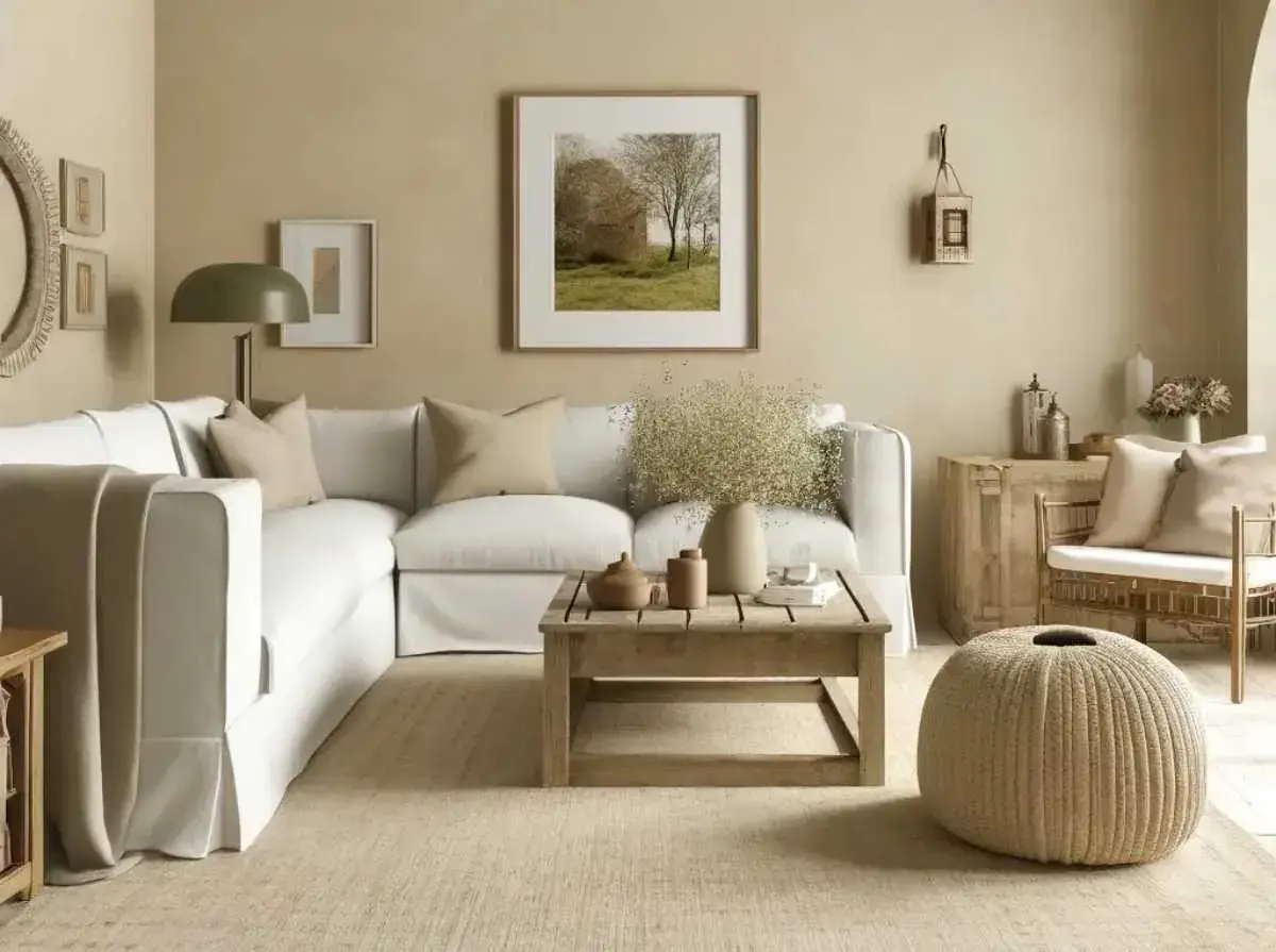 Un salon cosy avec une déco salon beige et bois. Un canapé blanc, une table basse en bois brut, un pouf rond et des cadres muraux créent une ambiance chaleureuse.