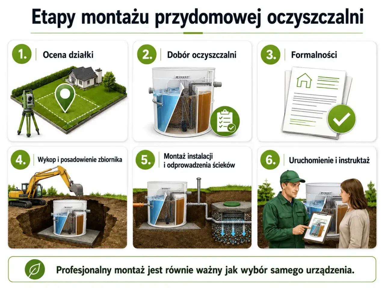Schemat przedstawia etapy budowy przydomowej oczyszczalni ścieków: od oceny działki, przez dobór urządzenia, formalności, wykop, montaż, po uruchomienie i instruktaż.