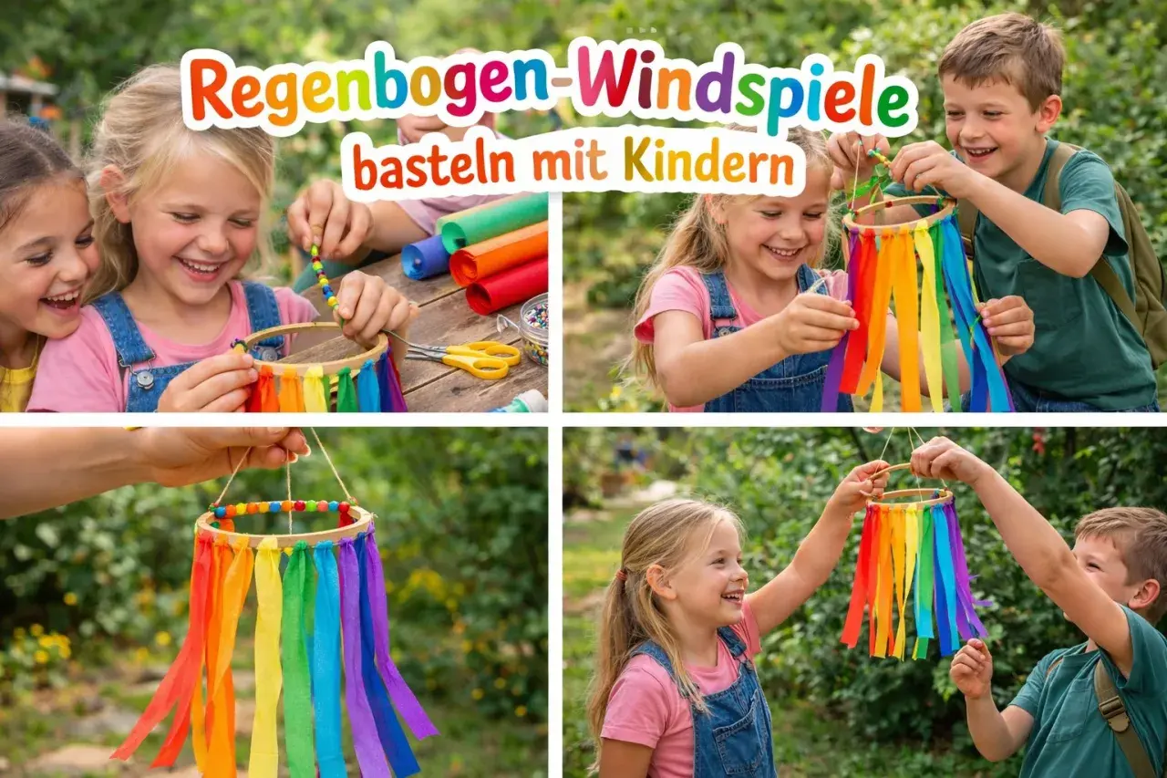 Kinder basteln bunte Regenbogen-Windspiele mit Stoffbändern und Perlen. Ein fröhliches DIY-Projekt für draußen.