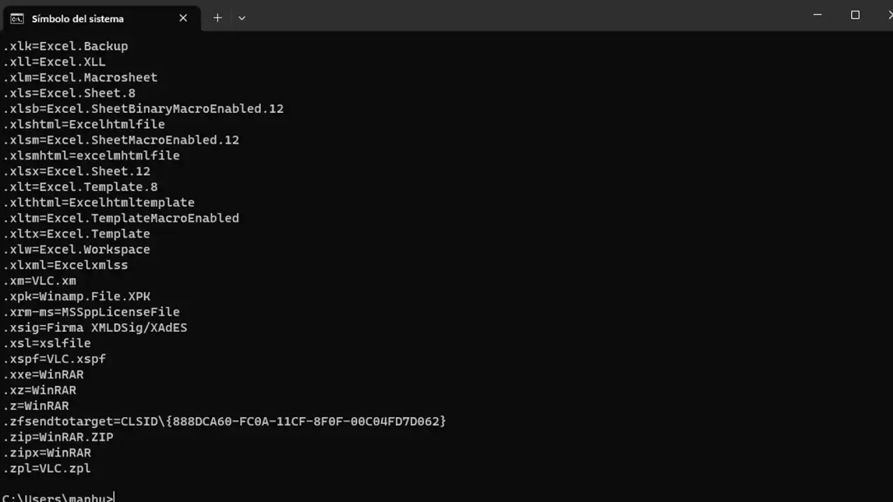 Lista de extensiones de archivo y sus programas asociados, como Excel y WinRAR, en una ventana de comandos.