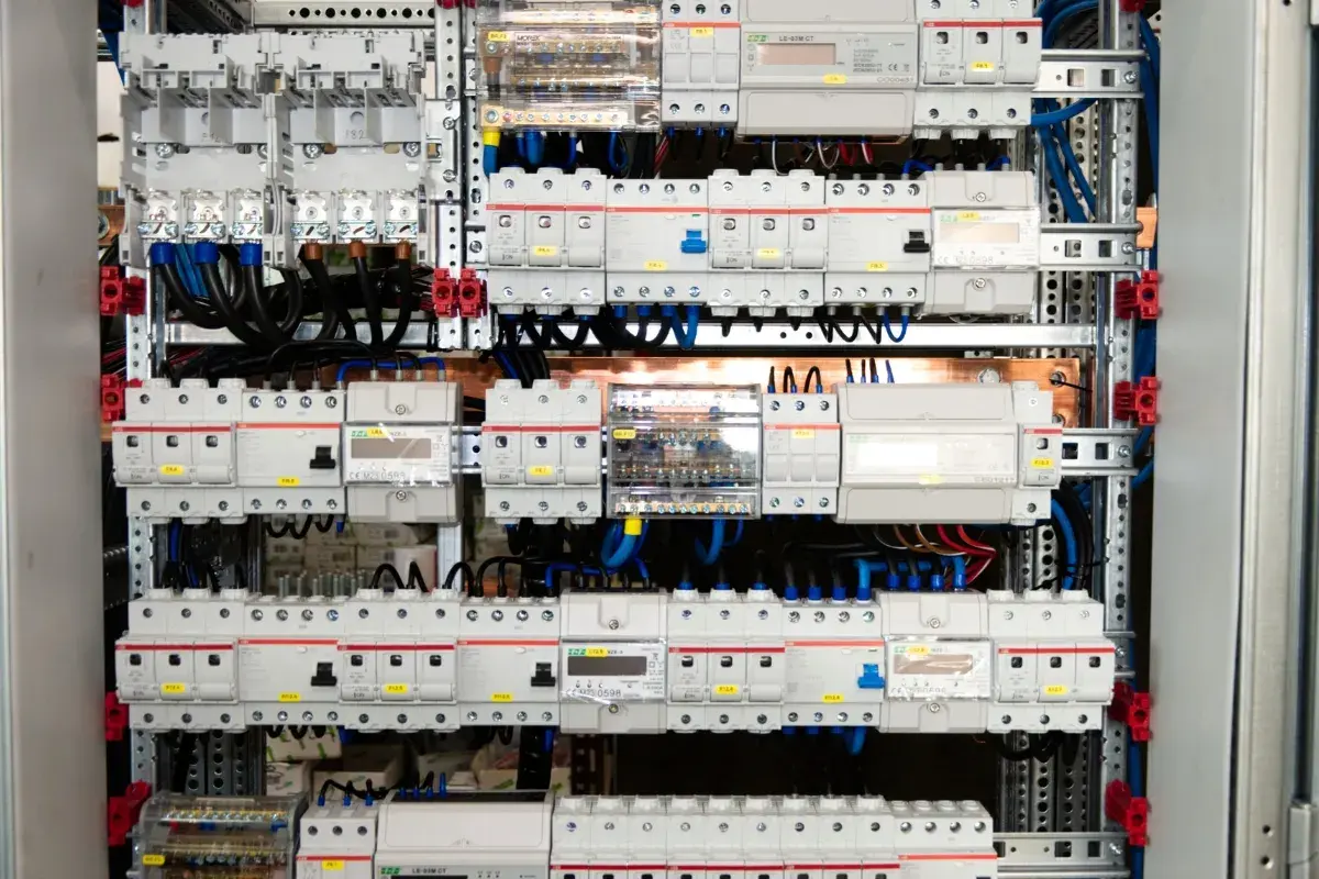 Panel elektryczny z licznymi wyłącznikami i zabezpieczeniami, połączonymi przewodami. Widać tu szyny elektryczne, które stanowią podstawę montażu.