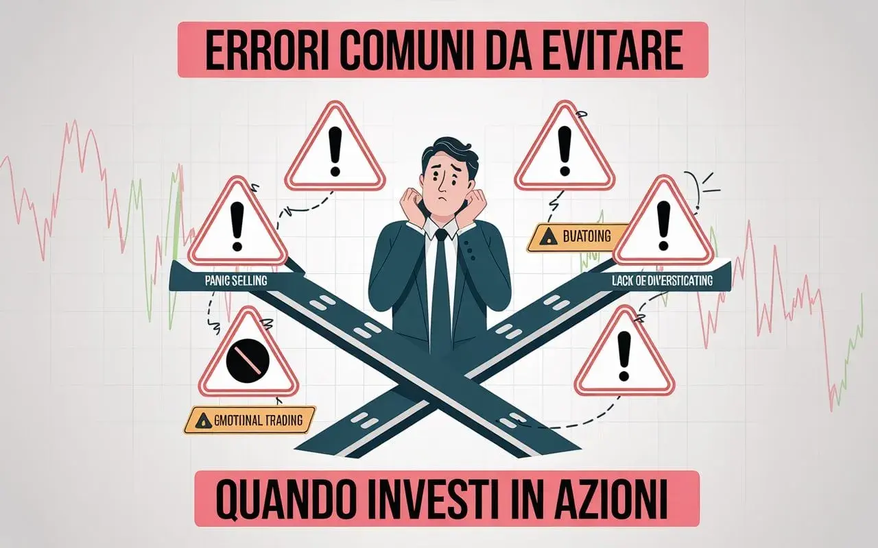 Evita errori comuni quando investi in azioni: panico, trading emotivo, mancanza di diversificazione. Un uomo preoccupato è circondato da segnali di pericolo.