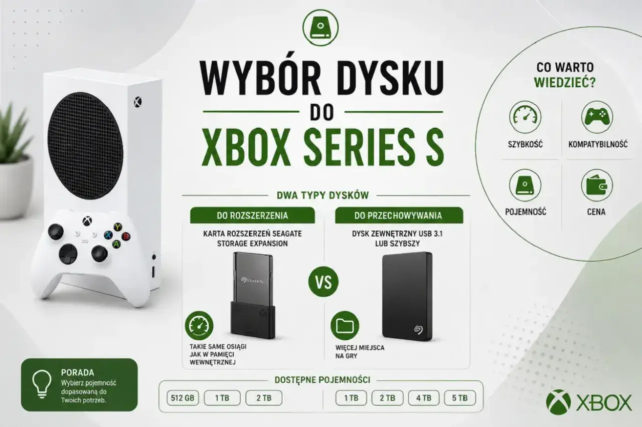 Wybór dysku do Xbox Series S: karta Seagate Storage Expansion vs dysk zewnętrzny USB 3.1. Porównanie pojemności i szybkości.