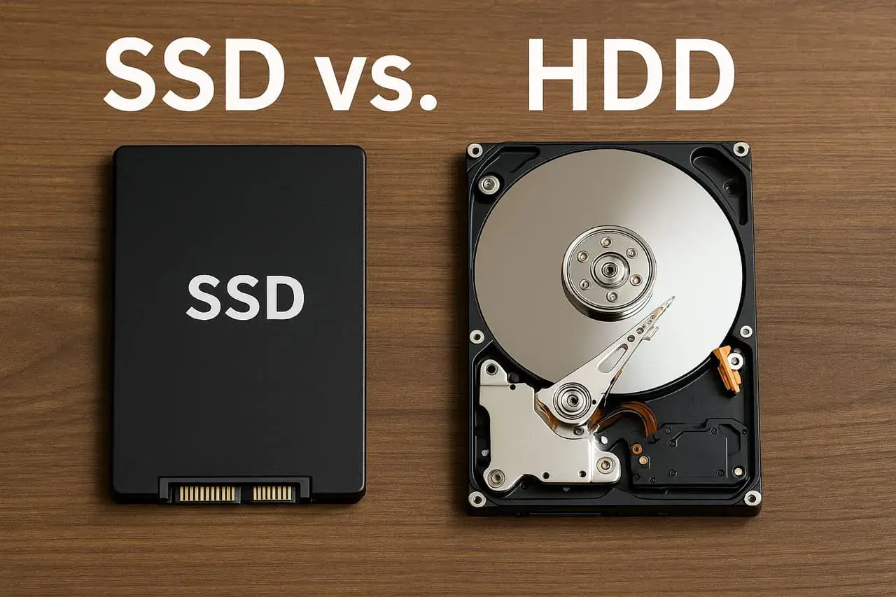 Vergleich von SSD und HDD: zwei wichtige Speichermedien. Die SSD ist kompakt, die HDD zeigt ihre mechanischen Teile.