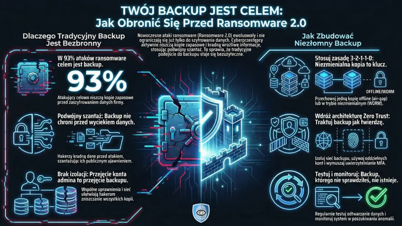 Grafika przedstawia zagrożenia związane z atakami **conti ransomware** i sposoby budowania odpornego backupu. Widać tu zniszczone sejfy, zamki, wieże obronne i schematy zabezpieczeń.