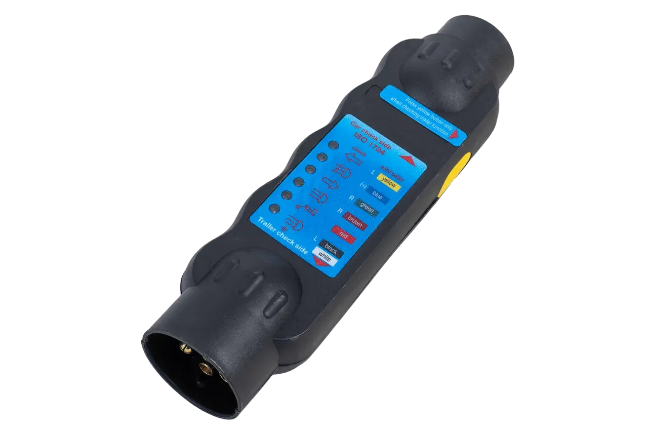 Testeur de prise remorque 7 broches, utile pour diagnostiquer un problème de connexion. Indique les fonctions des feux.