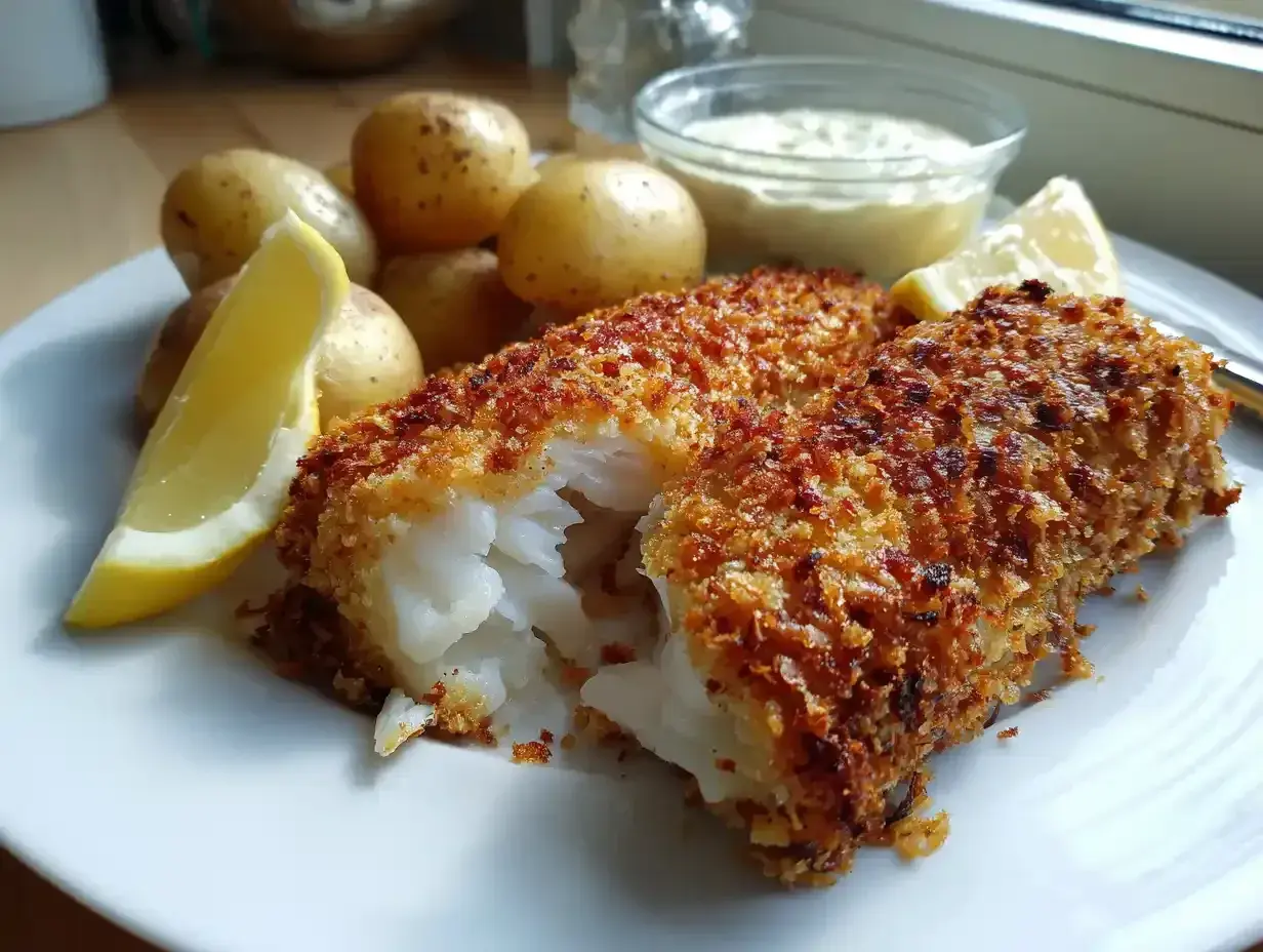 Krispigt panerad fisk med kokt potatis, citronklyftor och en krämig sås. En klassisk och god måltid.