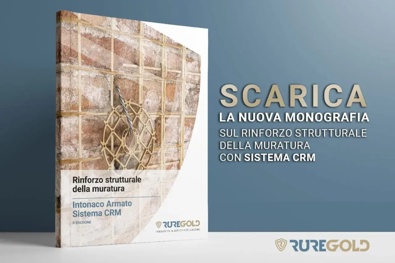 Monografia "Intonaco Armato Sistema CRM" illustra il rinforzo strutturale di murature con dettagli tecnici e immagini esplicative.
