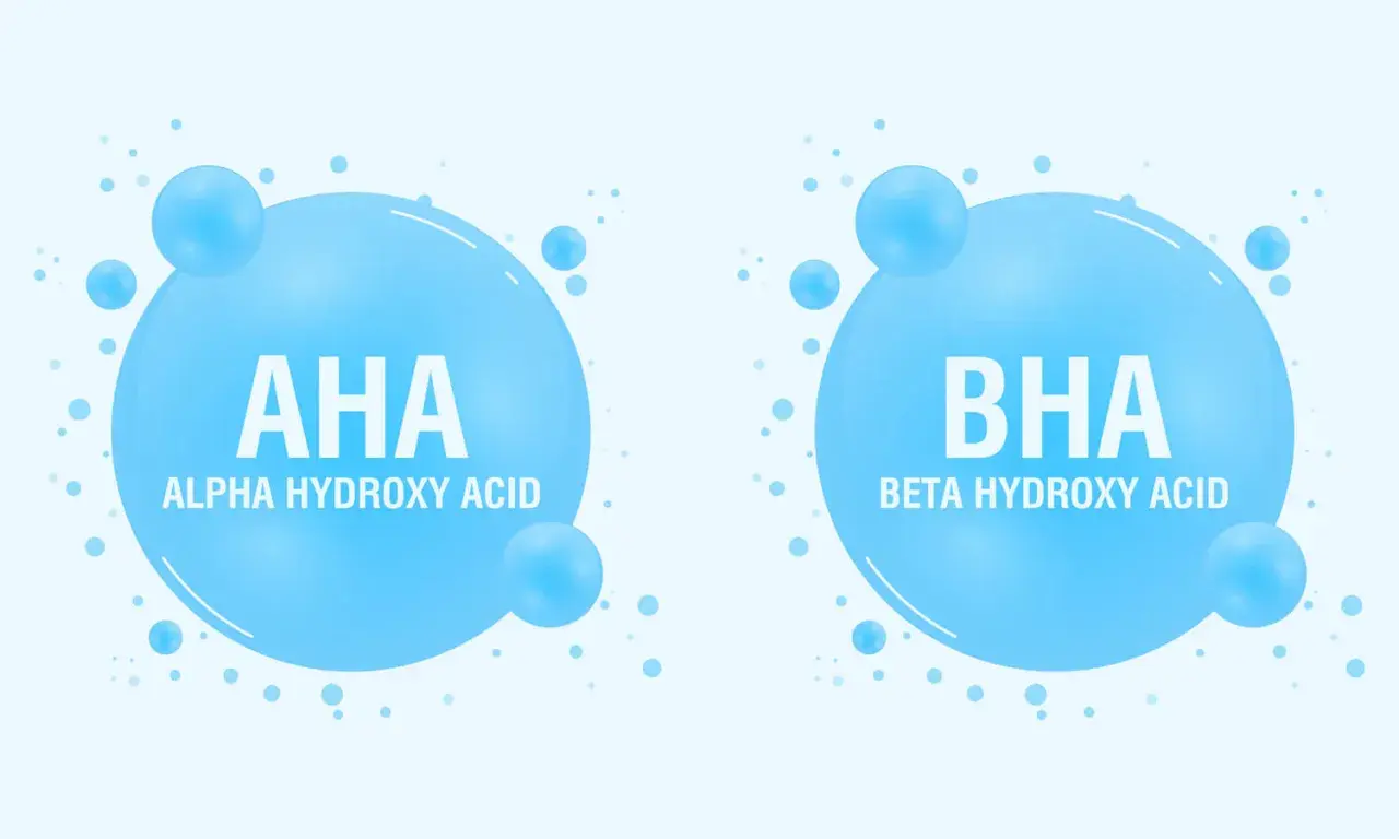 Dwa bąbelki z napisem AHA (Alpha Hydroxy Acid) i BHA (Beta Hydroxy Acid). Kwasy AHA jakie to? To składniki kosmetyków.