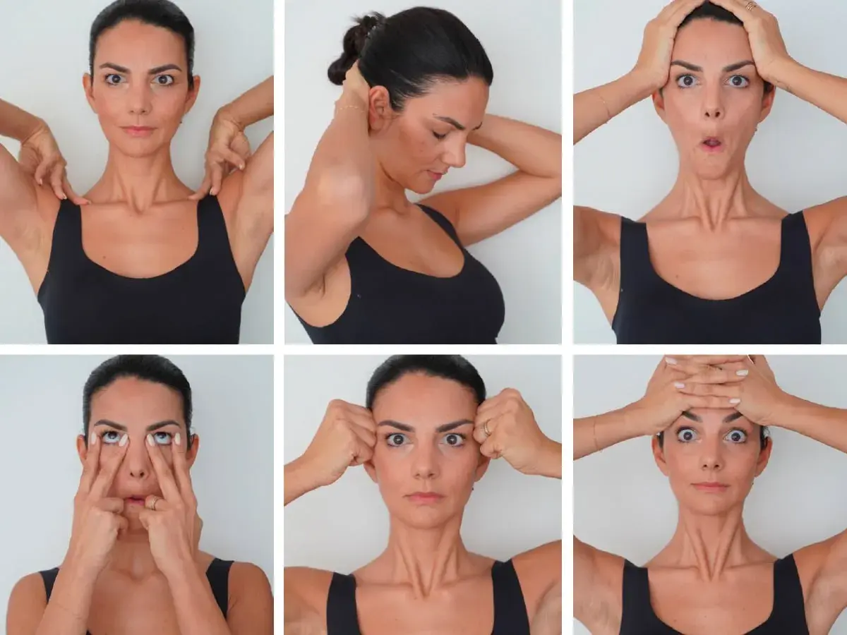 Donna esegue esercizi di yoga facciale, mostrando diverse espressioni e movimenti per tonificare il viso.