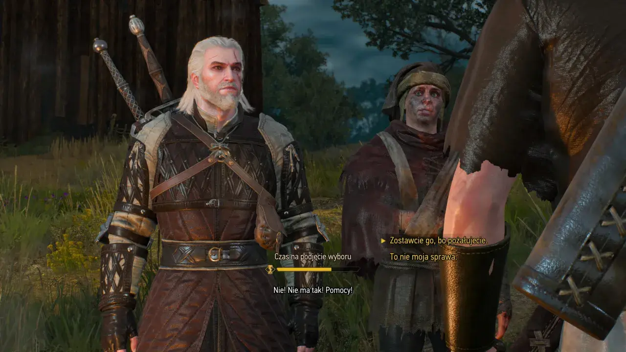 Geralt z Rivii w Wiedźmin 3, w tle postać z "złoto głupców". Czas na podjęcie wyboru.
