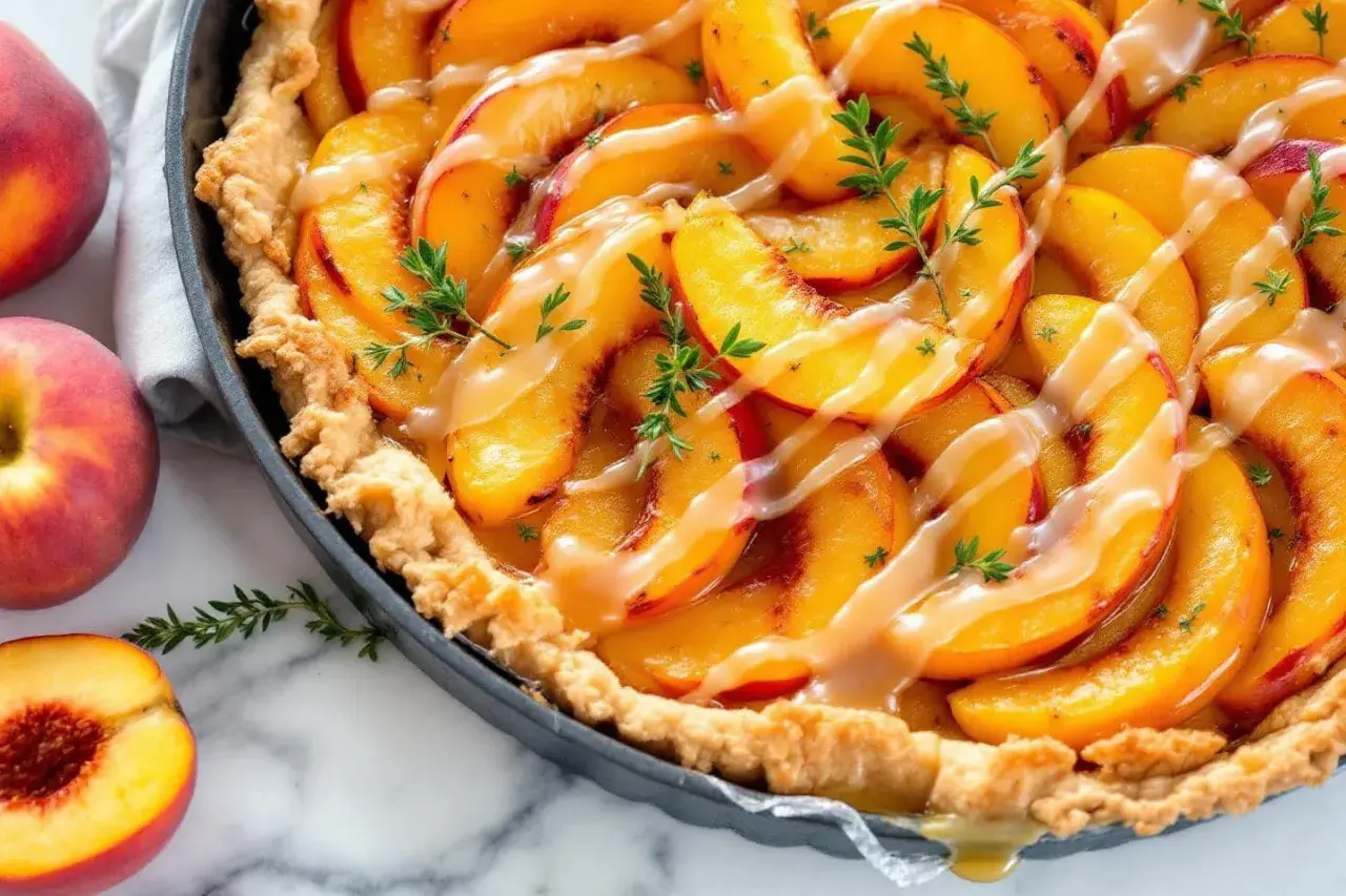 Une délicieuse tarte aux pêches, garnie de tranches de pêches juteuses, d'un glaçage crémeux et de quelques brins de thym frais.