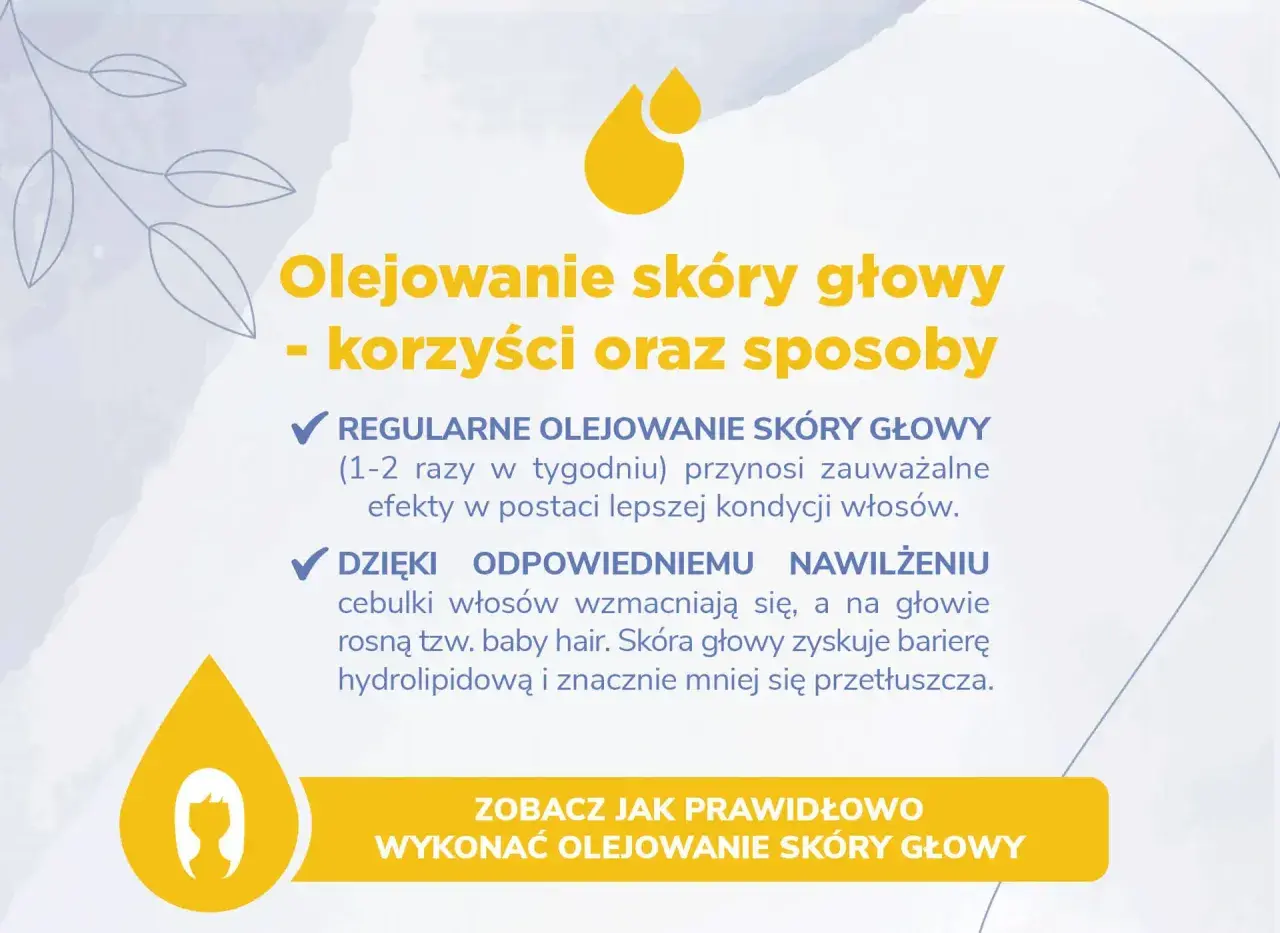 Żółta kropla oleju z sylwetką głowy i włosów, tekst o olejowaniu skóry głowy.