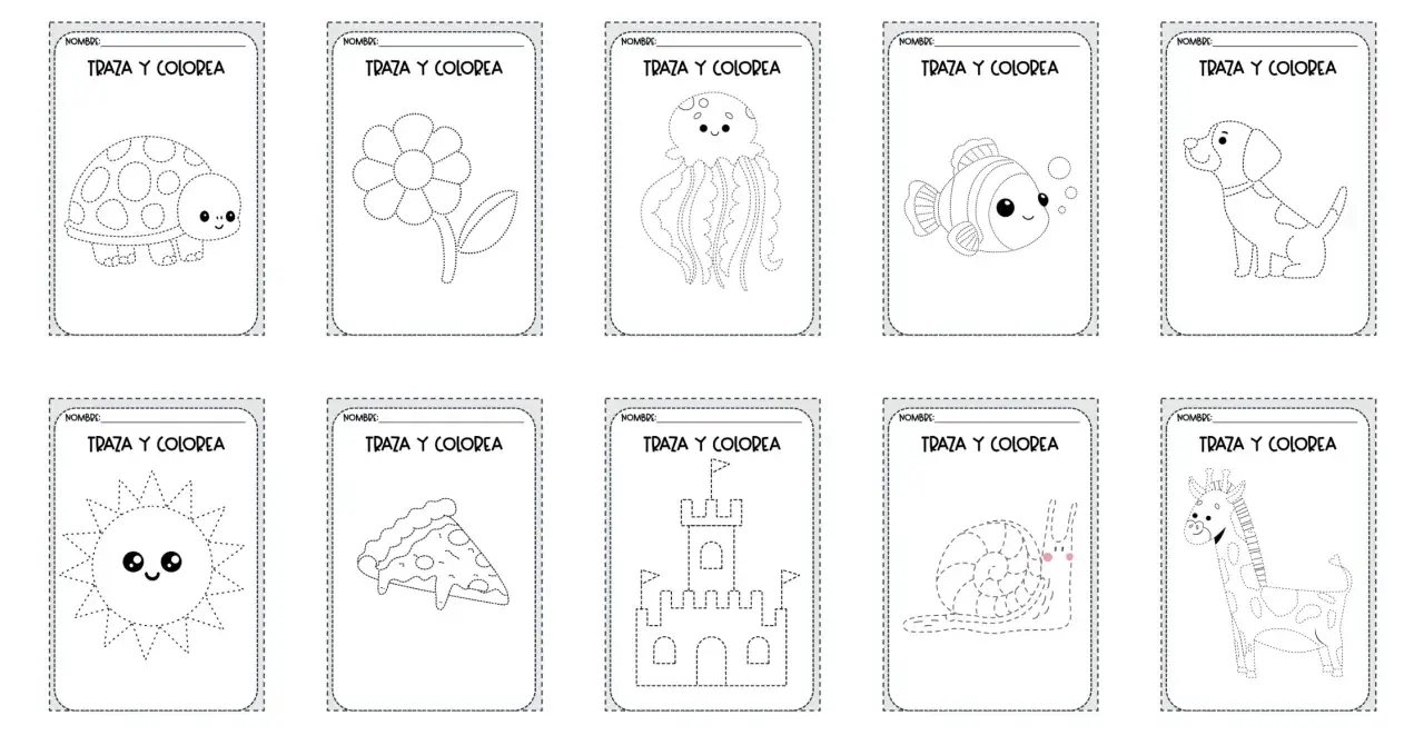 Actividades de grafomotricidad divertida: traza y colorea una tortuga, flor, medusa, pez, perro, sol, pizza, castillo, caracol y jirafa.