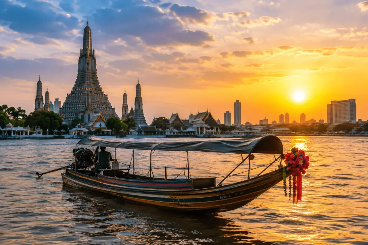 Łódź płynie po rzece w stronę Wat Arun, symbolu Bangkoku, podczas zachodu słońca.