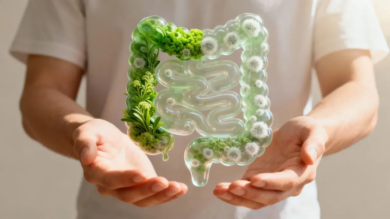 Mani che sorreggono un intestino stilizzato, verde e rigoglioso, simbolo di salute e benessere, suggerendo una **candida intestinale cura definitiva**.