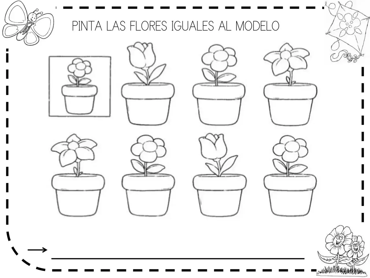 Fichas primavera: dibuja las flores iguales al modelo. Mariposa, cometa y flores en macetas para colorear.