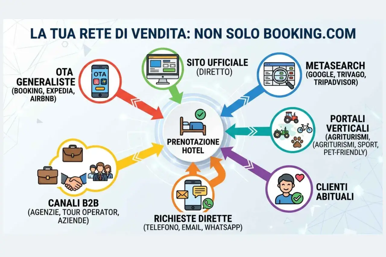 Schema del marketing alberghiero: OTA, sito ufficiale, metasearch, portali verticali, B2B, richieste dirette e clienti abituali confluiscono nella prenotazione hotel.