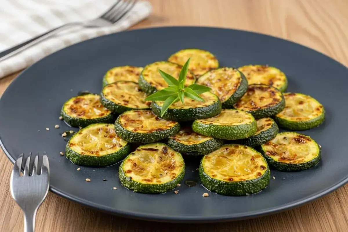 Tranches de courgettes grillées, garnies d'une feuille verte, prêtes à être dégustées. Une délicieuse recette de courgette au four.