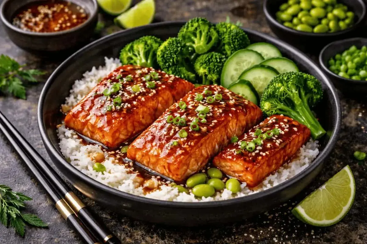 En skål med ris, tre glaserade laxfiléer, broccoli, gurka och edamamebönor. Ett perfekt recept med lax för en hälsosam måltid.