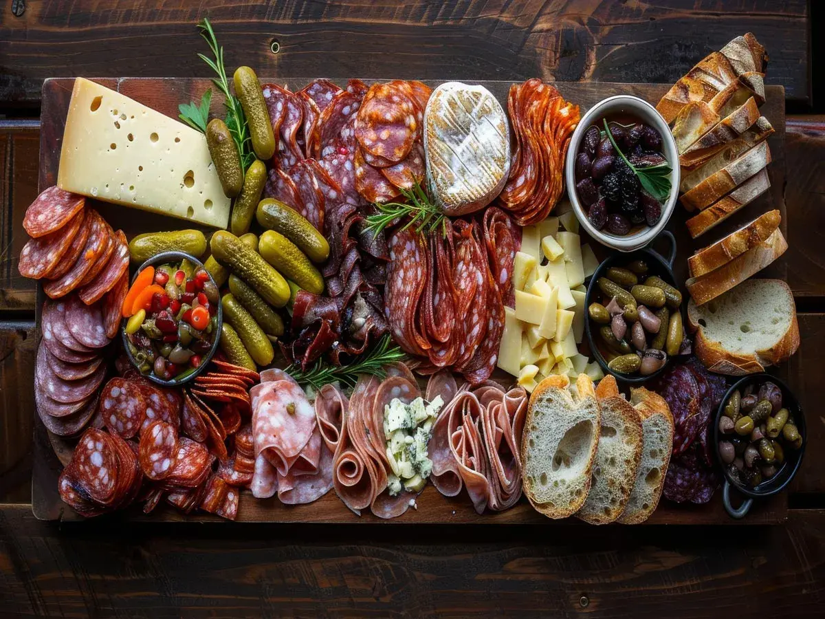 Plateau garni de charcuteries variées, fromages, cornichons, olives et pains grillés. Idéal pour savoir quoi manger avec de la charcuterie.