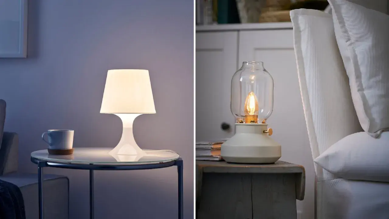 Dos lámparas de mesa blancas iluminan rincones acogedores. Una moderna sobre una mesa de cristal, la otra, de estilo vintage, junto a cojines blancos.