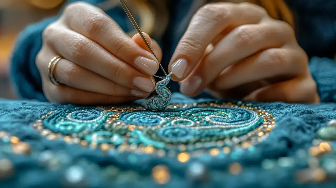 Mains délicates travaillant une broderie complexe. Un projet de broderie prénom facile prend forme avec des fils bleus et dorés.