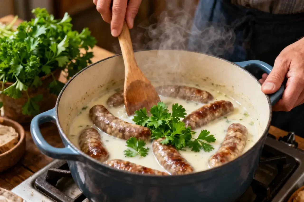 Saucisses dorées mijotant dans une sauce crémeuse au vin blanc, garnies de persil frais. Un délice fumant prêt à être dégusté.