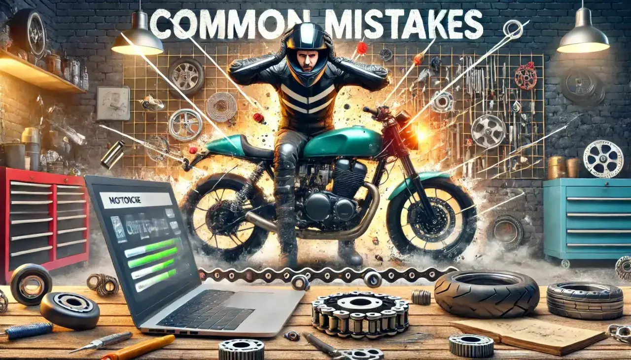 Motociclista in officina, circondato da pezzi di ricambio e attrezzi. Sullo schermo del laptop, un elenco di "Common Mistakes" e un codice OEM.