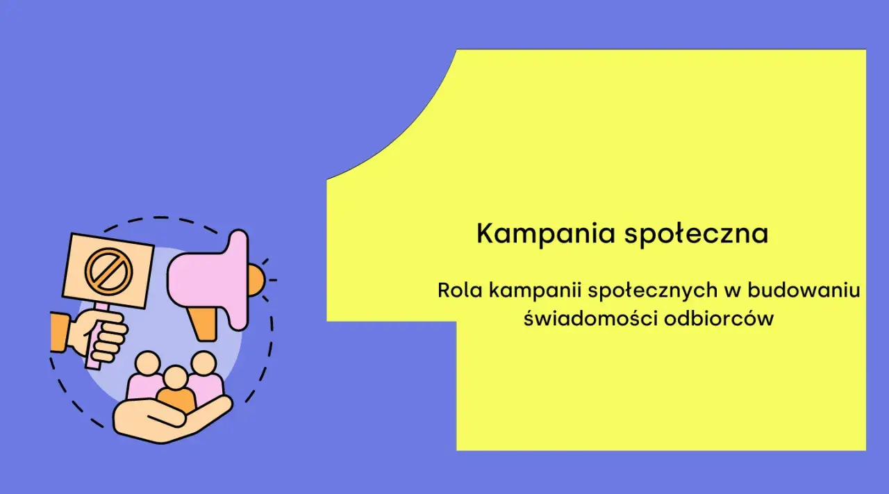 Grafika ilustruje kampanię społeczną: ręka trzyma transparent z zakazem, obok głośnik i symbol grupy ludzi.