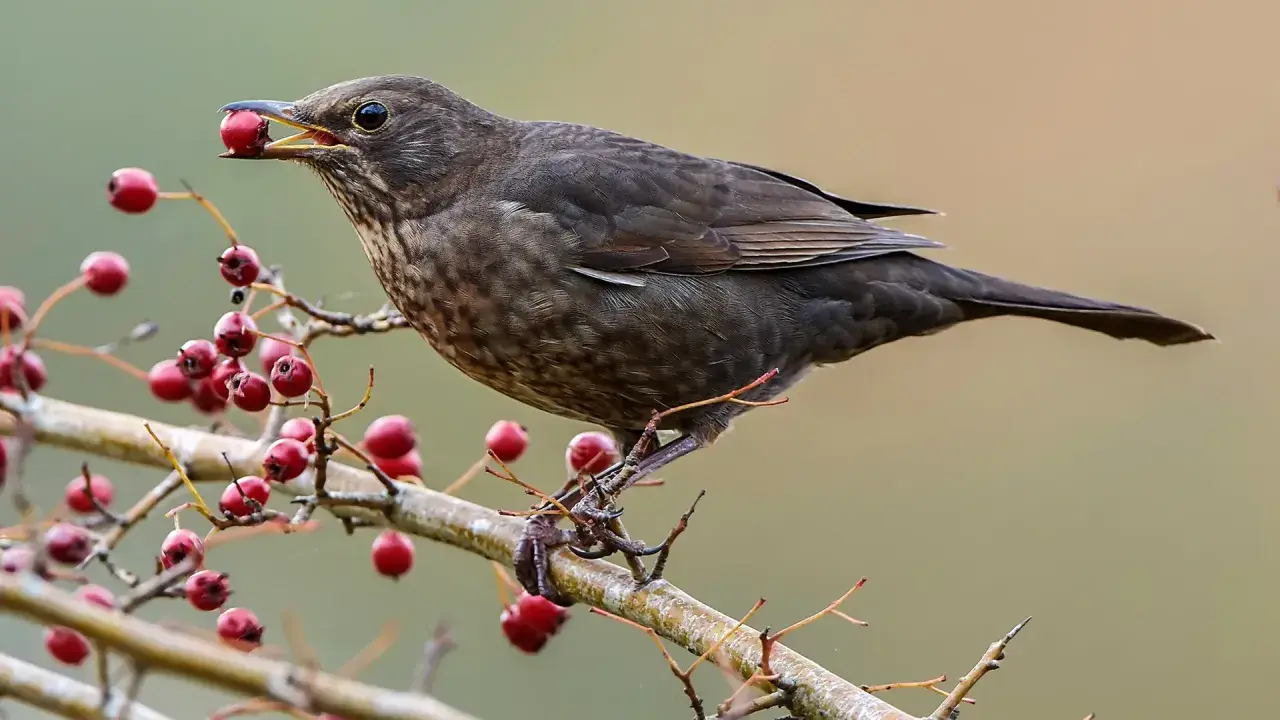 Eine Amsel mit Beeren im Schnabel. Hoffentlich ist sie nicht krank und findet genug Nahrung.
