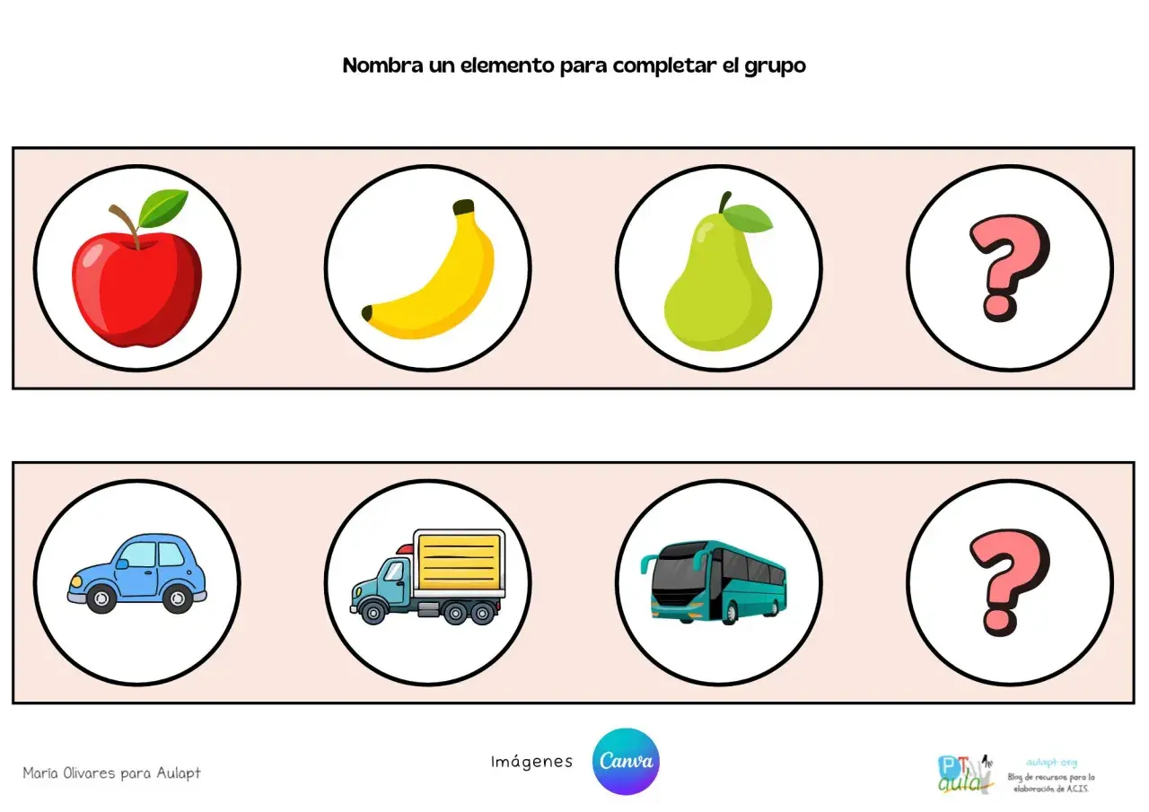 Dos filas de círculos. La superior muestra una manzana, un plátano, una pera y un signo de interrogación. La inferior muestra un coche, un camión, un autobús y un signo de interrogación. Ayuda a completar el dibujo.