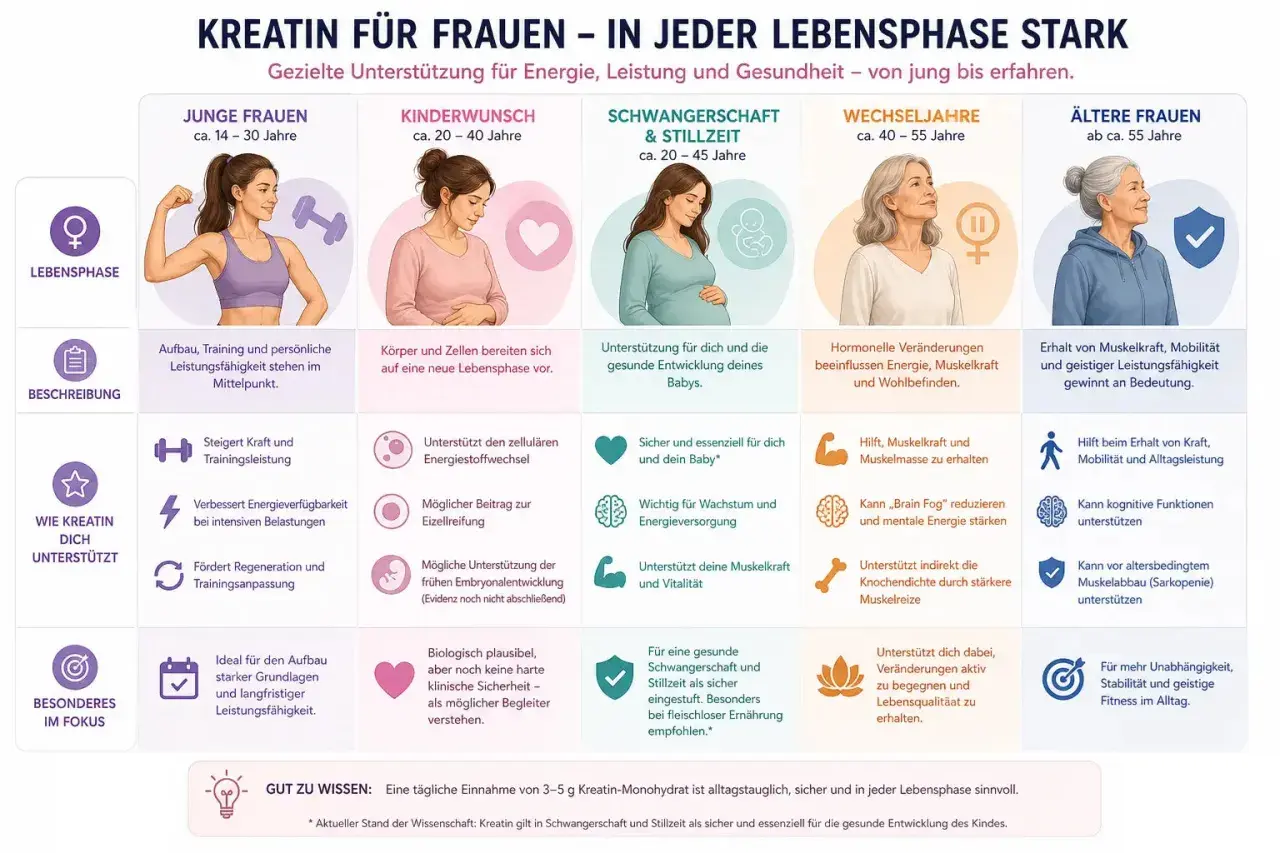 Kreatin wirkt bei Frauen in jeder Lebensphase: Von jung bis erfahren unterstützt es Energie, Leistung und Gesundheit.