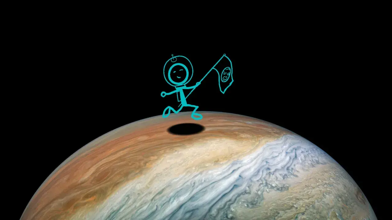 Rysunkowy astronauta biegnie po Jowiszu, niosąc flagę. Nawet przy ekstremalnej jowisz temperatura, jego cień jest wyraźny.