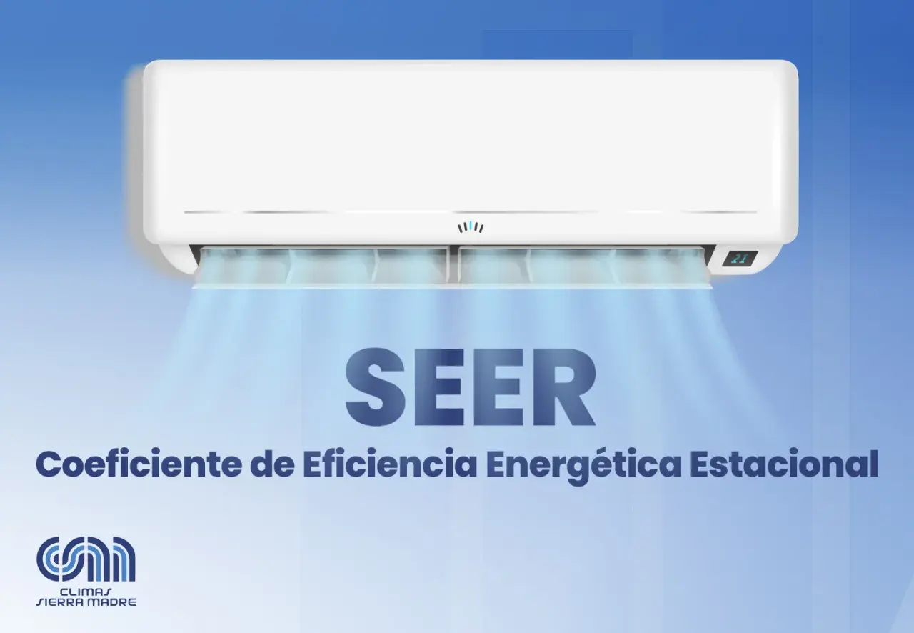 Un aire acondicionado emite aire fresco. El texto explica el SEER, siglas de Coeficiente de Eficiencia Energética Estacional.