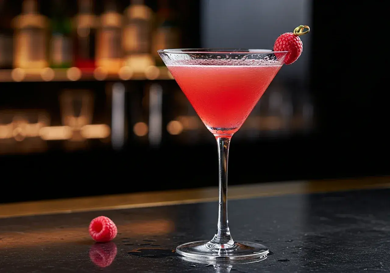 En elegant fransk martini med hallon som garnityr, serverad i ett martiniglas på en mörk bänk.