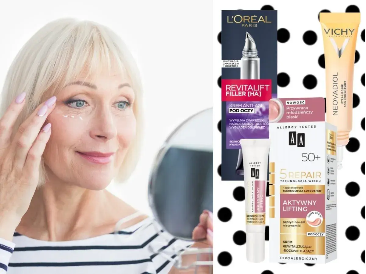 Kobieta aplikuje krem pod oczy, szukając rozwiązania na wory. Obok kosmetyki L'Oréal, Vichy i AA.
