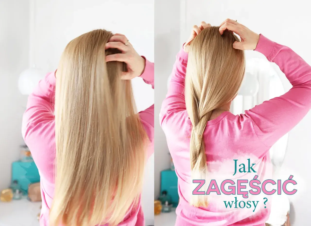 Jak zagęścić włosy? Długie, blond włosy zaplecione w luźny warkocz. Po lewej - rozpuszczone, po prawej - zaplecione.