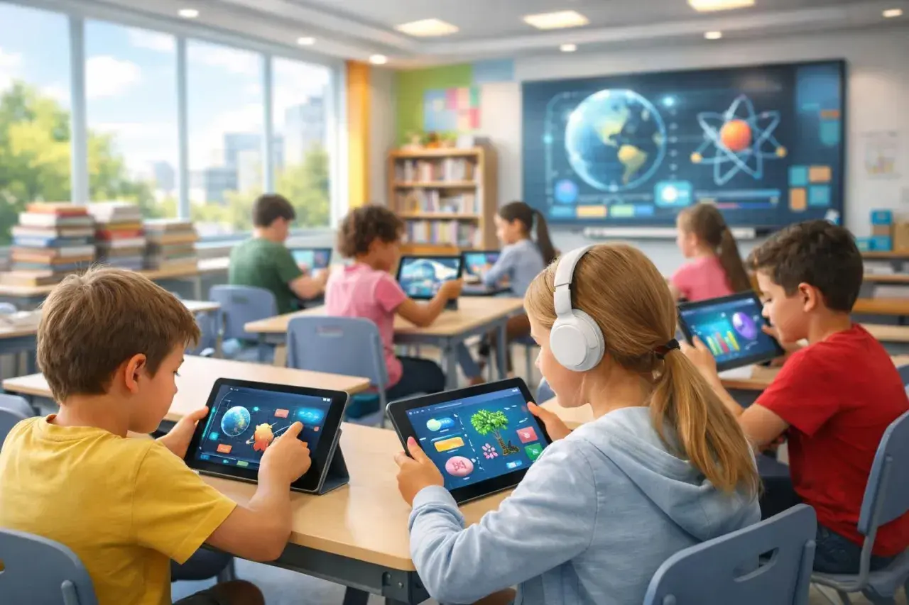 Kinder lernen mit Tablets im Unterricht. Auf den Bildschirmen sind bunte Grafiken und Bilder zu sehen, die das Wissen vermitteln.