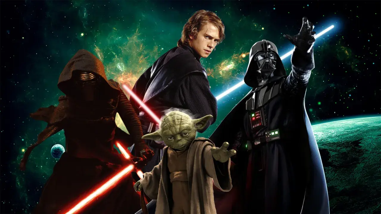 Kylo Ren, Anakin Skywalker, Yoda i Darth Vader w kosmicznej scenerii. Idealni bohaterowie do najlepszych gier Star Wars.