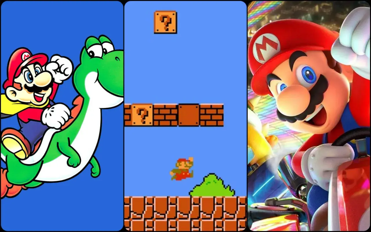 Mario na Yoshim, Mario w klasycznej odsłonie i Mario w wyścigówce. Cała seria Super Mario w jednym obrazku.