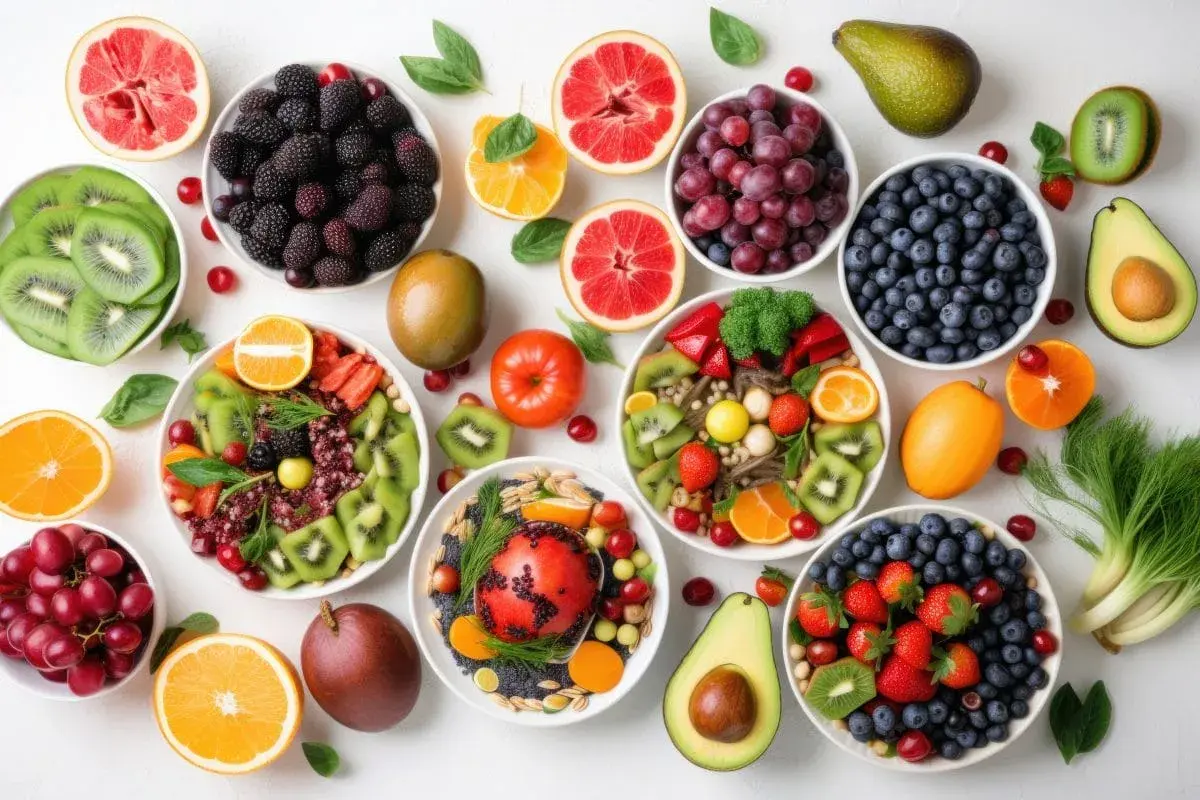 Kolorowe misy z owocami: kiwi, jagody, truskawki, winogrona, maliny, pomarańcze, awokado, mango. Tak ładnie podać owoce to sztuka!