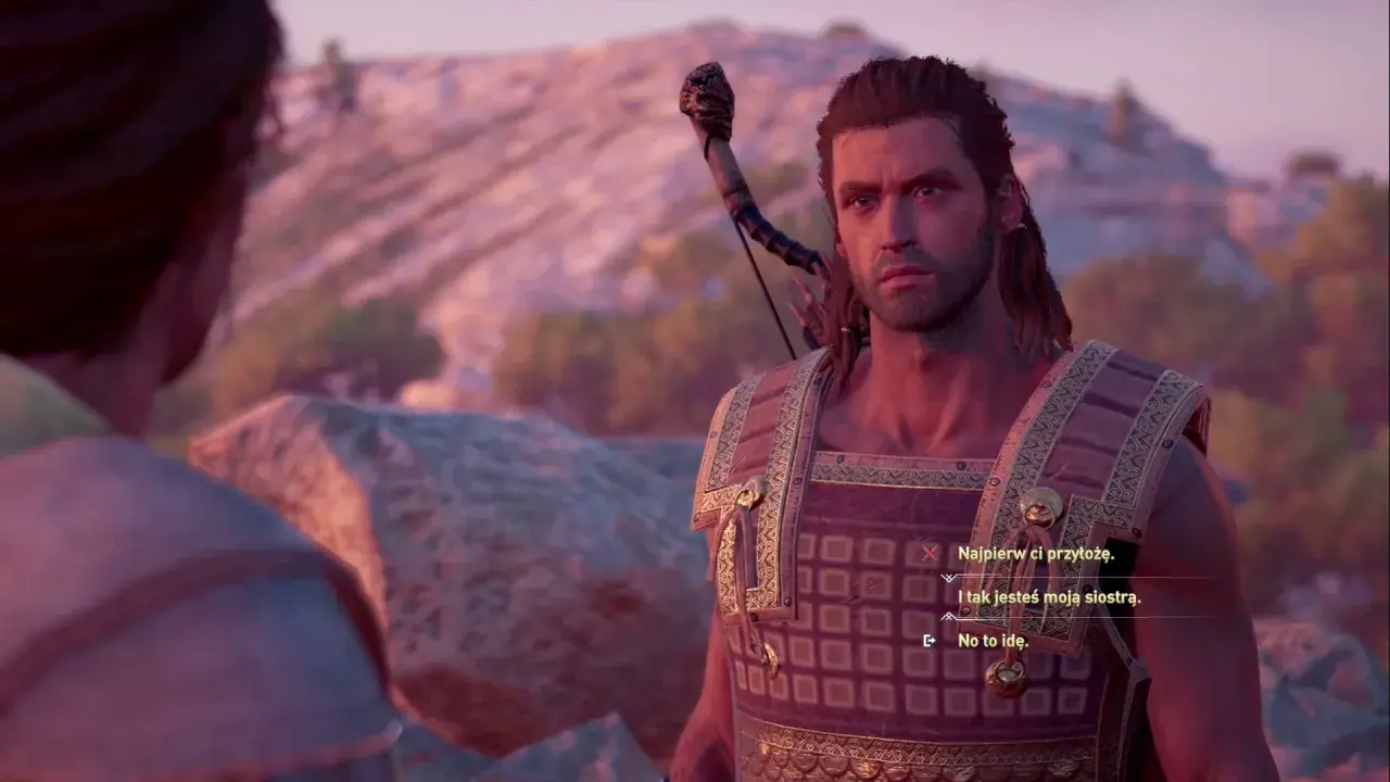 Alexios w zbroi, z łukiem na plecach, rozmawia z kimś w grze Assassin's Creed Odyssey - poradnik.