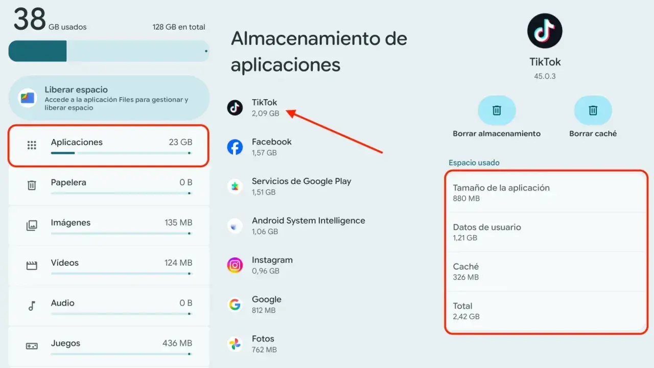 Interfaz de gestión de almacenamiento de Android, mostrando "Aplicaciones" con 23 GB. Se resalta TikTok, un liberador de espacio de memoria interna.