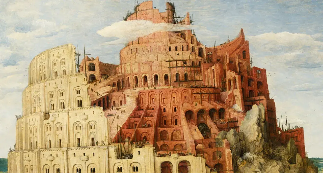 A detailed painting of the Tower of Babel, showing its immense scale and ongoing construction with many tiny figures working.