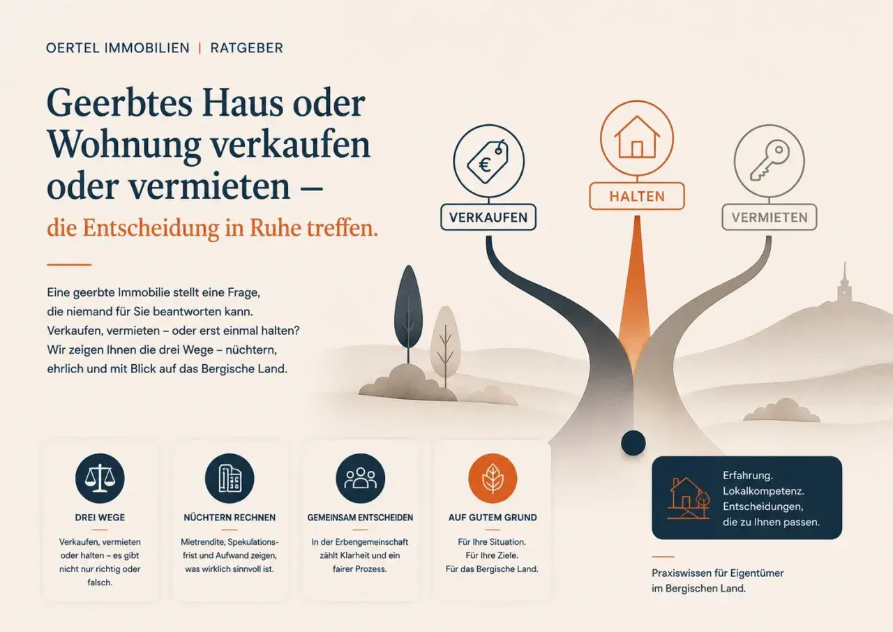 Grafik zeigt drei Wege: Verkaufen (mit €-Symbol), Halten (Haus-Symbol) und Vermieten (Schlüssel-Symbol). Erbschaftssteuer nachzahlung bei verkauf wird hier thematisiert.