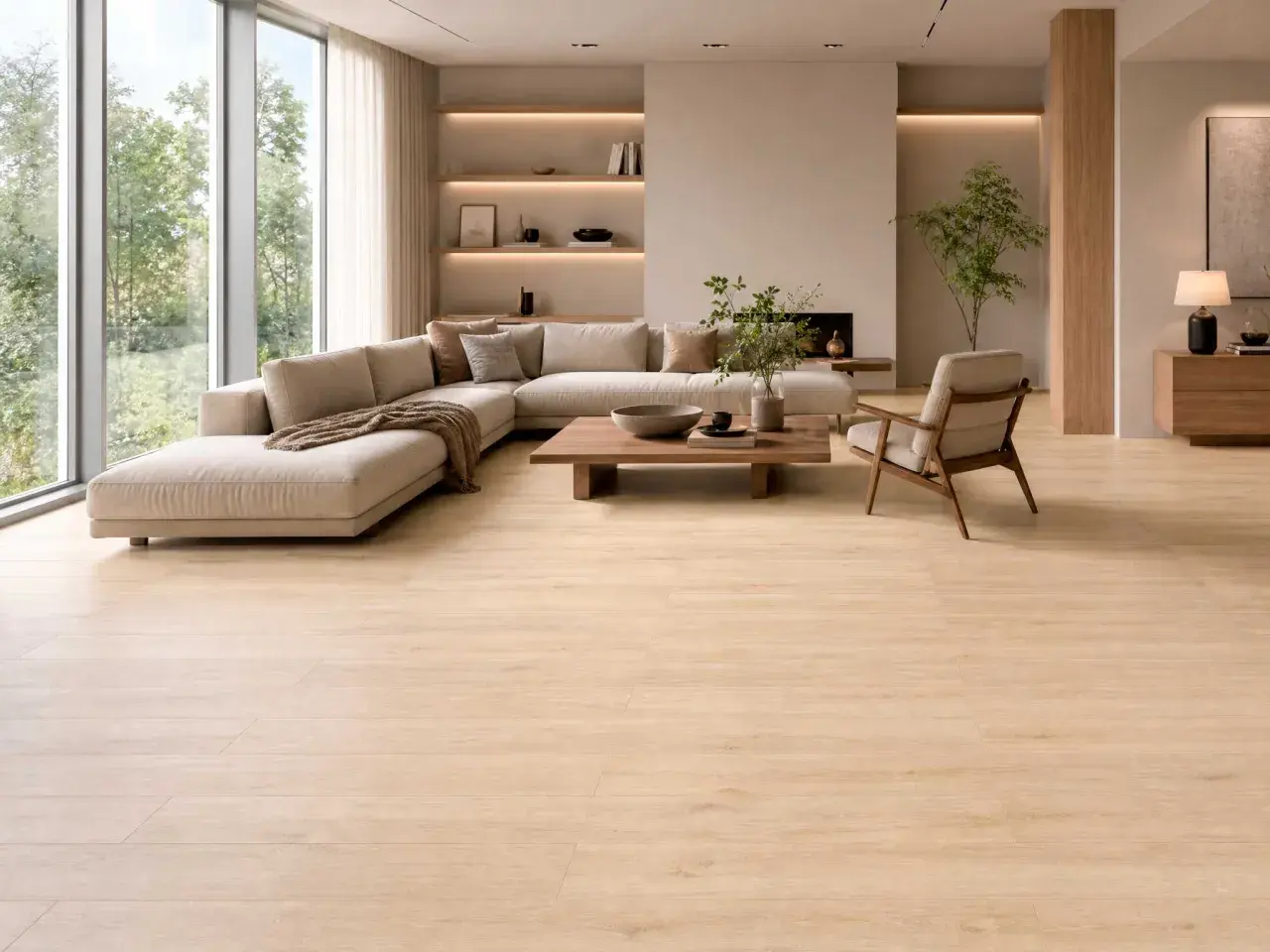 Salón moderno con sofá modular, mesa de centro de madera y suelo de micro mortero de tono claro.